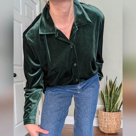 Retro Carol Reed Collection Women's Green Blouse Stretch Velvet Like Button-Up L - Picture 7 of 16